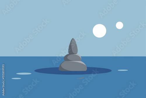 Serene Seascape Minimalist Illustration of Stacked Stones in Calm Ocean Waters