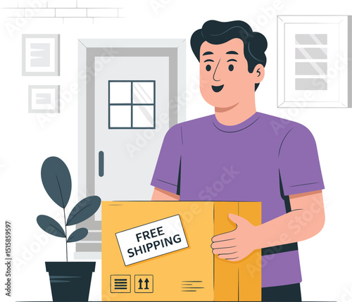 Happy Man Holding Free Shipping Box in Front of a Stylish Home Interior.
