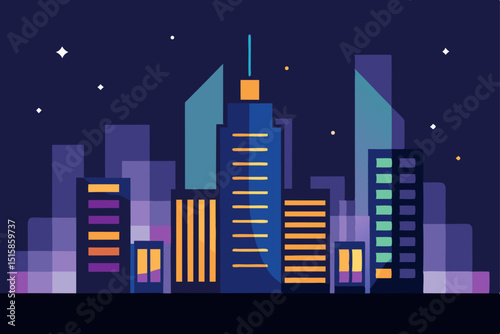 Dynamic urban cityscape at night with illuminated skyscrapers and a vibrant skyline