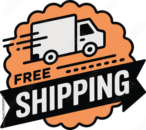 Free Shipping Badge Design: Cartoon Delivery Truck on Decorative Banner for Online Sales.