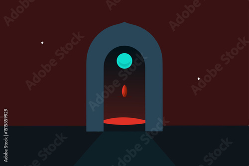 Ancient church archway in stone, illuminated by a window at night, revealing a glimpse of historical architecture