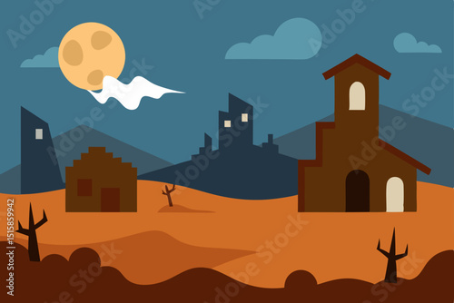 Vector illustration of an old town castle and village in a desert landscape at sunset with mountains and trees