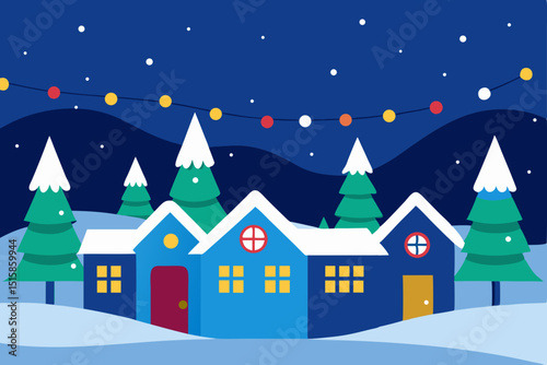 Christmas winter night landscape with a snow-covered house and trees, a festive holiday village scene