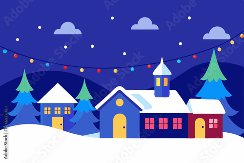 Christmas winter night village landscape with snowy houses and trees