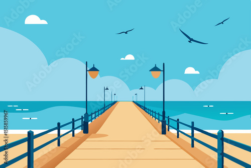 Wooden pier stretching into the blue sea under a vast sky, inviting summer relaxation and coastal travel