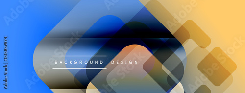 Abstract geometric shapes overlap. Blue, orange hues dominate design. Text reads background design centrally positioned. Modern aesthetic.