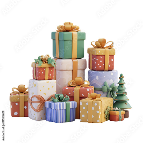 Gift Stack Celebration Festive wrapped presents and Christmas tree.