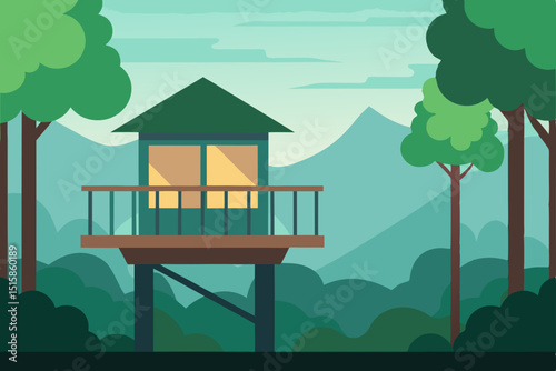 Cottage home illustration in a summer forest landscape with a blue sky, trees, and green grass