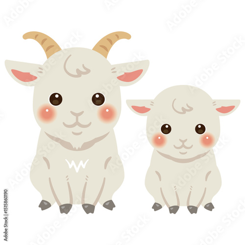 お座りしたヤギの親子イラスト