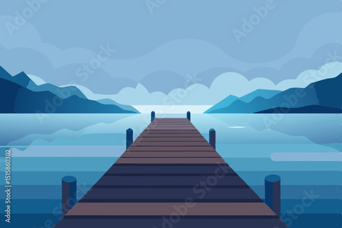 Wooden pier extending over the calm lake water towards the horizon under a vast sky, perfect for a summer travel landscape