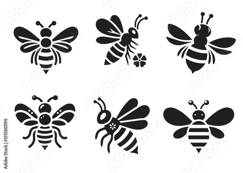 Lovely simple design of a Black Bee Silhouette Vector Set