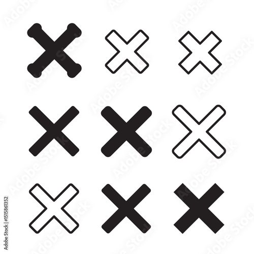 Collection of cross mark icons in various styles and outlines for design elements