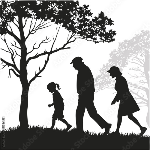 grandparents walking with granddaughter vector silhouette Illustration