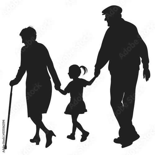 grandparents walking with granddaughter vector silhouette Illustration