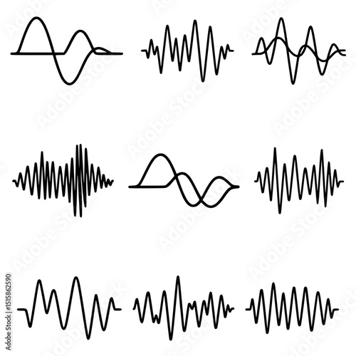 A collection of wave and signal icons. Ideal for representing sound frequencies, digital data, wireless communications, technology and wave concepts.