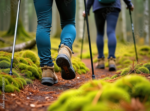 Two hikers on mossy trail, feet in air