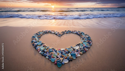A heart shape formed by rocks on a beach, illuminated by the warm hues of a sunset in the background.