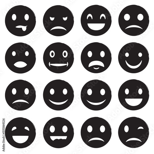 Collection of black circle emoji emoticons representing various emotions and moods in a flat style