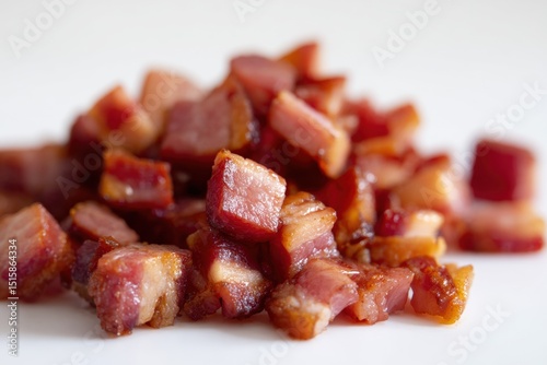 Diced cooked bacon on white background	