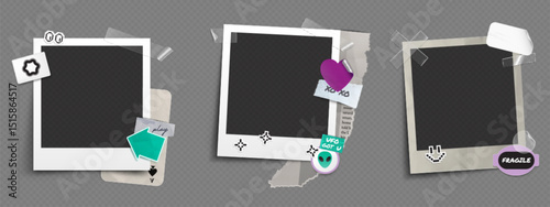 Set of retro photo frames and scrapbook layout in y2k or 90s style. Nostalgic collage of old blank instant film borders, ripped paper notes and stickers on transparent bg. Vintage picture mockup.