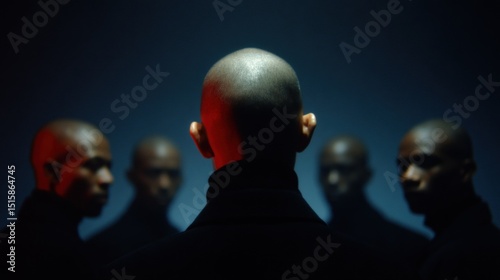 Man facing clones in dark atmospheric room	