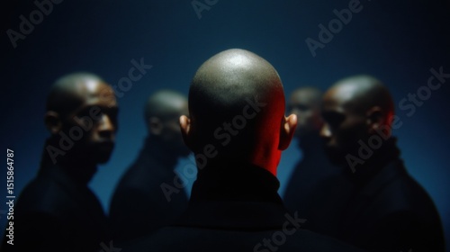 Man facing clones in dark atmospheric room	