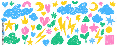 Crayon doodle sticker set - colorful childish scribbles of hearts and stars, clouds and flowers, lightning bolts and simple geometric shapes. Cute decorative sketchy forms for kids design projects.