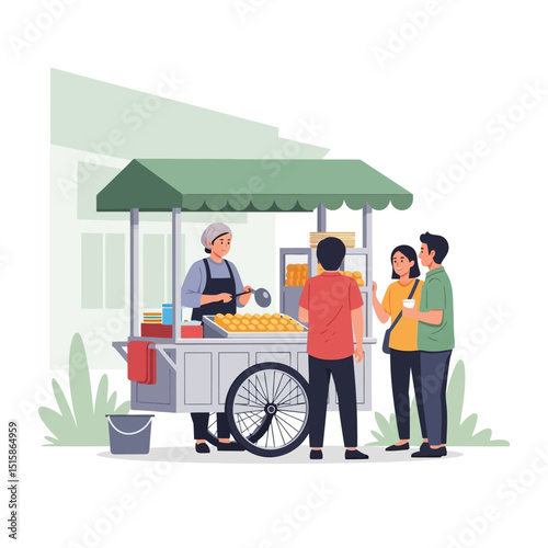 Woman Selling Food From Cart to Customers on the Street