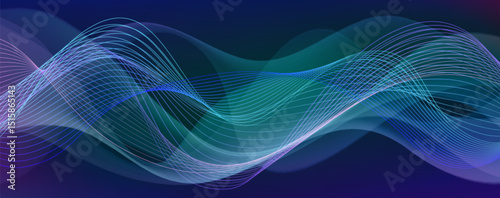 Abstract neon light waves - glowing curved lines flowing on dark blue background, vibrant colors transitioning from blue to green. Futuristic audio visualization concept for music album cover