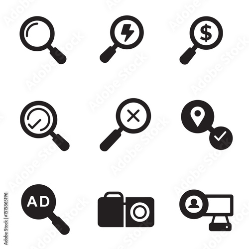 Set of black and white search concept icons depicting various functions and elements