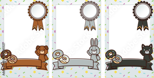 Polaroid camera film decorated with pretty frames and ribbon, black, gray, brown. / ポラロイドカメラフィルムが可愛くデコレーションされたフレーム リボン 黒 灰色 茶色