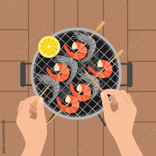 Grilling Shrimp Skewers with Lemon on a Portable Grill