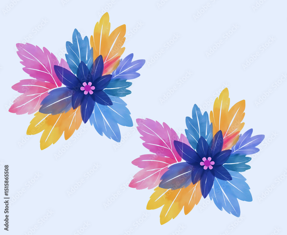 Obraz premium Abstract seamless watercolour minimalistic design with flowers in blue, yellow, pink and purple on a greyish-blue background colour 