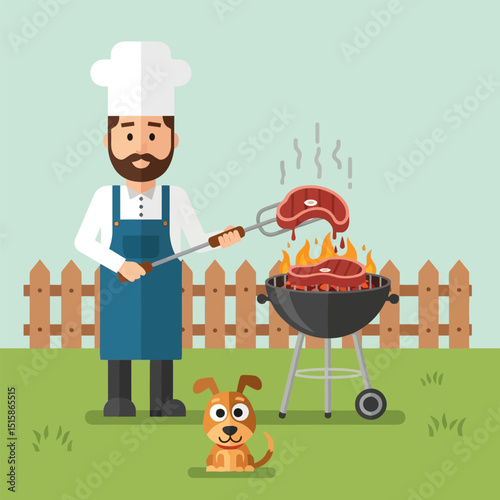 Grilling Meat in the Backyard Cartoon Chef with a Dog