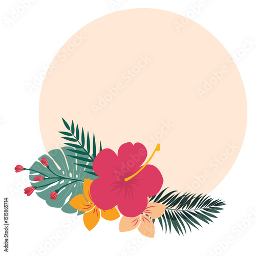Tropical flower circle border, vector illustration isolated on white background. Floral bouquet, exotic plant leaf, doodle style