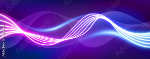 Abstract neon light waves - glowing curved lines flowing on dark background, vibrant blue, pink and purple colors. Futuristic trail technology style. Energy or sound visualization, music rhythm.