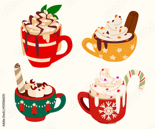 Christmas coffee cups collection - whipped cream topped mugs decorated with candy cane, marshmallows and cinnamon stick. Festive hot chocolate or cappuccino drinks in ceramic ware for winter holiday.