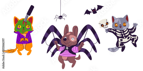 Pets in Halloween costumes - cat dressed as zombie and skeleton, dog wearing spider outfit. Funny animal characters in spooky disguise for trick or treating. Furry friends celebrating October holiday