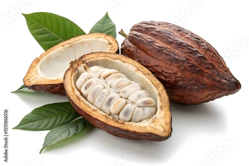 Open and whole cacao pods with leaves isolated on white background