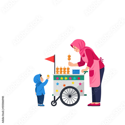 Buying Street Food From a Vendor Wearing a Hijab Illustration