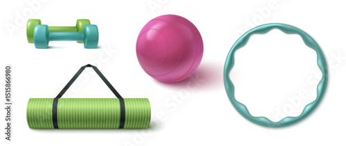 Colorful 3d gym equipment collection - green yoga mat with black strap, turquoise dumbbells pair, pink exercise ball and hula hoop for fitness training, home workout and strength building activities.