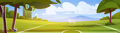 Cartoon soccer stadium field in nature setting - green grass pitch with white goal posts, marking lines, ball under tree, distant mountains surrounding outdoor sports arena for summer football game.