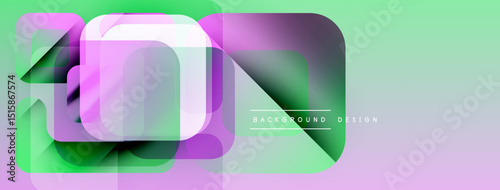 Abstract geometric shapes overlap. Mint green, purple hues create modern design. Minimalist style, smooth gradients present visual interest.