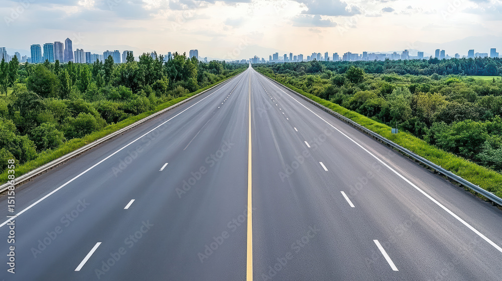 Long straight highway stretches into distance, surrounded by lush greenery and city skyline Long straight highway stretches into distance, surrounded by lush greenery and city skyline