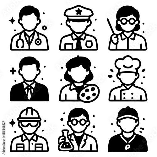 Minimalist Outline Diverse Occupation People Characters Avatar Symbol Icon Set