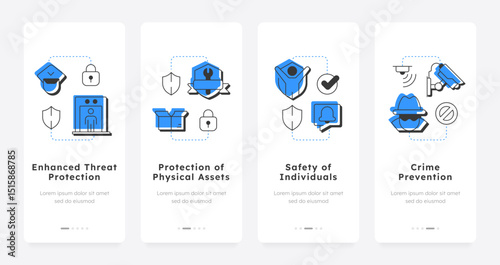 Benefits of physical security mobile app onboarding screens. Data protection online methods. Hardware pros. Flat UI UX design, blue highlight with outline icons conceptual. Lexend font used