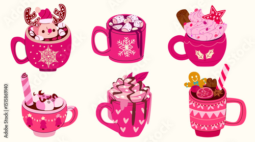 Christmas coffee cup set in festive pink mugs - cute reindeer, marshmallow snowflake drink, whipped cream topped with star cookie. Holiday beverages with gingerbread man, candy cane, chocolate treats