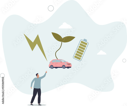 electric car and alternative energy. concept of eco-friendly transport and battery charging. character life .