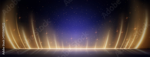 Magical blue stage with golden light beams rising from glowing horizon line. Sparkling glitter particles float through dreamy performance backdrop. Vertical rays for concert or event presentation.