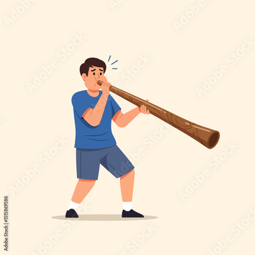 Man Playing Long Wooden Horn Instrument with Focus and Concentration